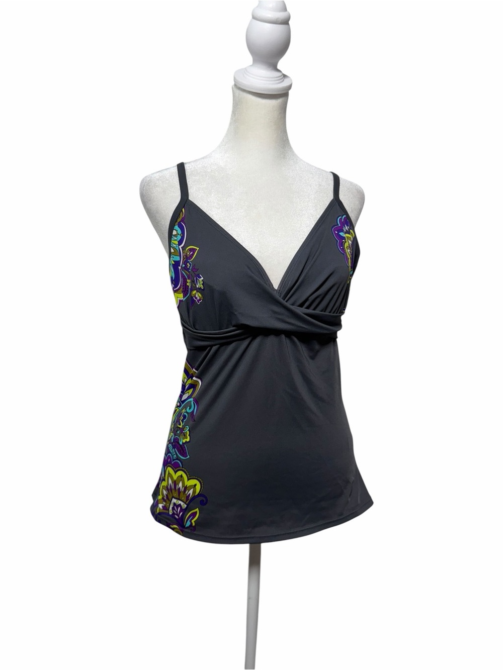 Athleta Twist Front Tankini Swim Top Gray Purple Paisley Print Bra Sized 36B/C